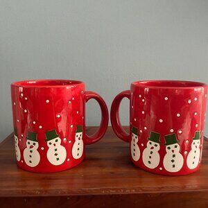 Vintage Waechtersbach Red Christmas Snowman Ceramic Coffee Mugs West Germany Set